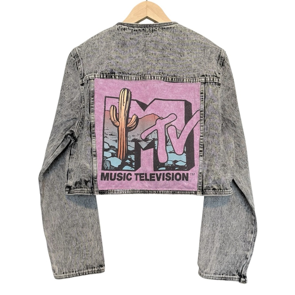 ONE OF A KIND MTV Black Crop Denim Jacket with Pink Graphic